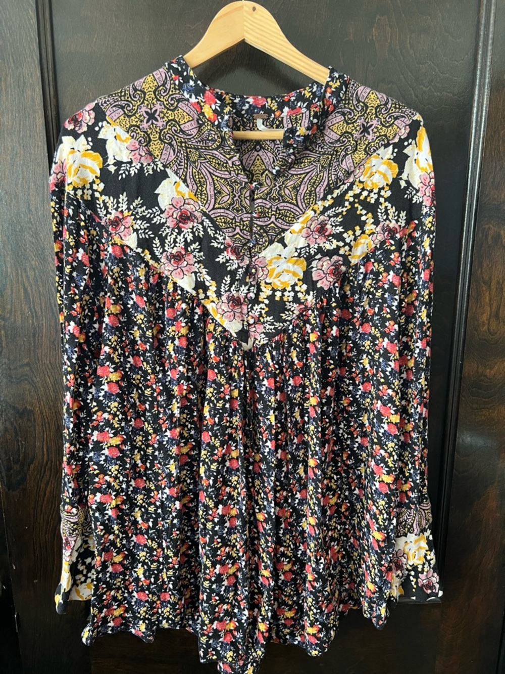 Free People Black Floral Boho Button-Up Top with Pink and Yellow Accents